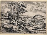 an old drawing of a landscape with trees and a river