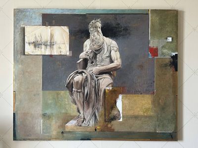 a painting of a man sitting on a bench