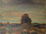 une peinture à l'huile représentant un paysage avec un arbre solitaire au premier plan