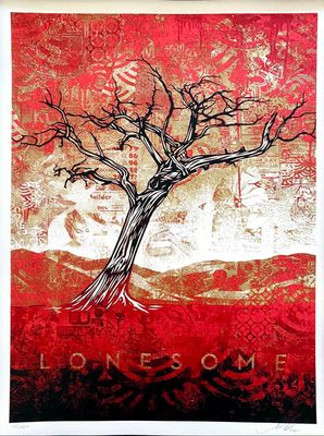 une peinture représentant un arbre sur laquelle est inscrit le mot « lonesome »