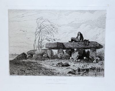 dessin représentant une femme assise sur un banc en pierre au milieu d'un champ