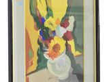 tableau représentant des fleurs jaunes dans un vase posé sur une table