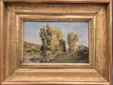 an image of a painting of a landscape with trees in the foreground
