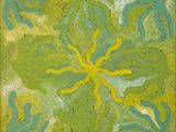 a painting of a green and yellow flower on a yellow background