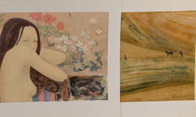 two paintings of a woman and a horse in a field