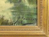 an image of a painting of a river with a boat in the water