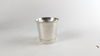 gros plan d'une coupe en argent sur une surface blanche