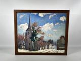 un tableau représentant une église avec un clocher par temps de neige