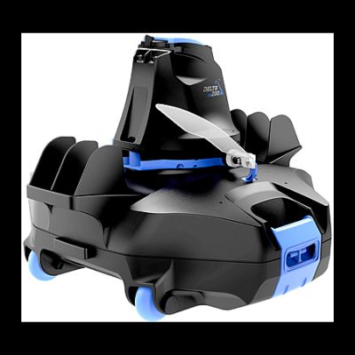 une petite voiture jouet noire et bleue sur laquelle est posé un couteau
