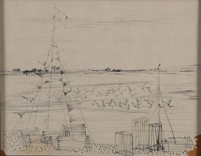 dessin représentant une vue d'un port avec des bateaux sur l'eau et un phare au loin