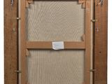 a painting of a wooden frame with a window and a tag on it