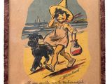 an old picture of a little girl and her dog on the beach