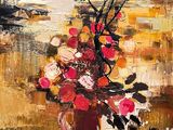 tableau représentant un vase de fleurs posé sur une table, avec un oiseau en vol en arrière-plan