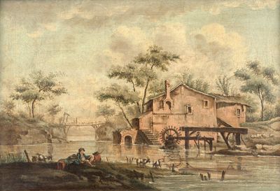 tableau représentant un moulin à eau avec des personnes et des chevaux dans l'eau