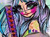 an image of a drawing of a girl with purple hair holding a purple bag