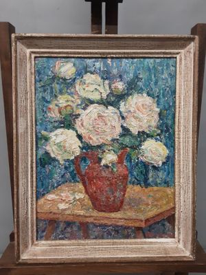 a painting of white flowers in a red vase on a table