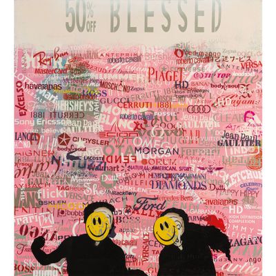 un tableau représentant deux personnes aux visages souriants sur un fond rose