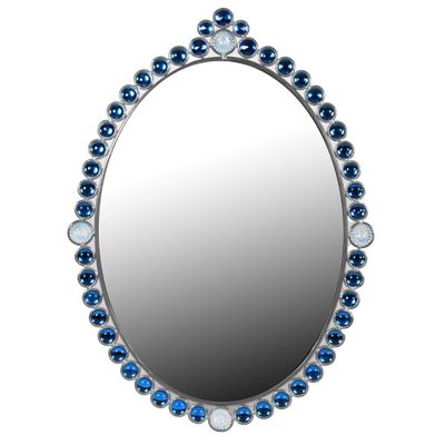 mirror with blue glass beads and a silver frame on a white background