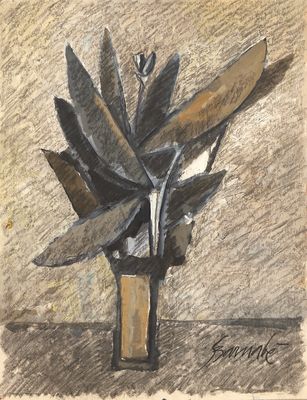 dessin représentant un vase posé sur une table et contenant un bouquet de couteaux