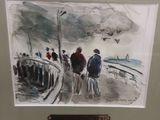 un tableau représentant des personnes marchant sur un pont au bord de l'eau