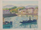 a painting of two boats in the water near a town