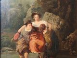 painting of a woman and two children on a swing in a wooded setting