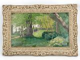 an image of a painting of a park scene with people sitting on the grass