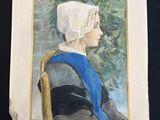 painting of a woman wearing a bonnet and a blue scarf sitting in a chair