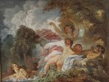 painting of a painting of a painting of a woman and children in a wooded setting