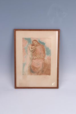 painting of a woman holding a child in her arms on a blue wall