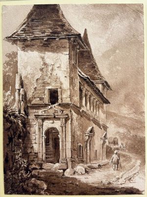 dessin représentant un vieux bâtiment avec un homme à cheval devant