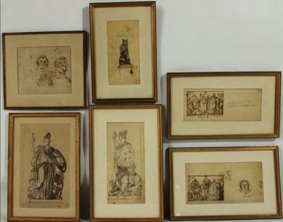 six dessins encadrés représentant un homme et une femme, ainsi qu'un homme et un chien