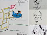 several sketches of a man in a boat and a man in a boat