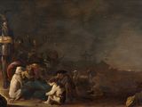 an image of a painting of a group of people sitting around a fire