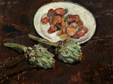une peinture représentant une assiette d'artichauts et un bol d'artichauts