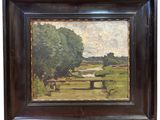 an oil painting of a park scene with a bench and trees