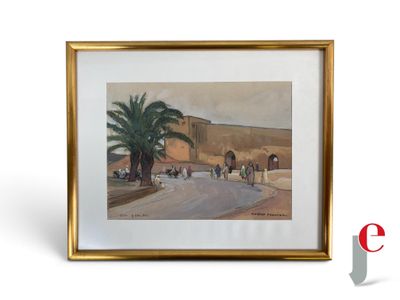 une image représentant une peinture d'une scène de rue avec un palmier au premier plan