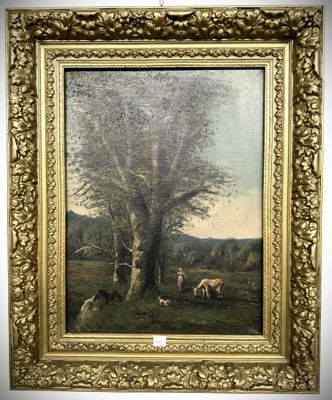 an oil painting of sheep grazing in a field next to a tree