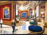 a painting of a man playing a piano in a large room