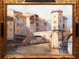 an oil painting of a bridge over a river with buildings in the background