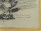 drawing of a cat sitting on a table with a picture of a person in the background