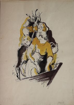 dessin représentant un homme à cheval avec une femme sur le dos