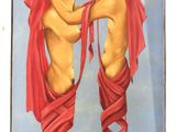 tableau représentant deux femmes nues enveloppées dans un tissu rouge, avec un arbre en arrière-plan