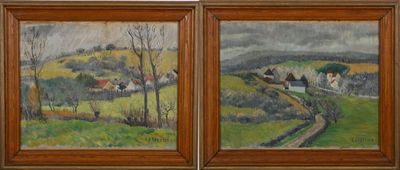 deux tableaux représentant un paysage rural avec une route et des maisons