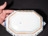 a person holding a white and blue plate with a gold border