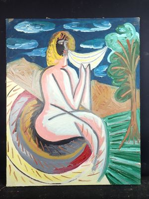 an oil painting of a woman sitting on a beach holding a banana