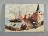 un tableau représentant un groupe de personnes debout sur une jetée
