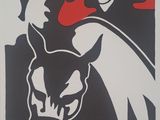 poster of a man with a horse in front of a red and black background
