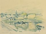 un dessin représentant une petite ville avec des bateaux sur l'eau