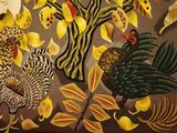 a painting of a group of birds in a tree